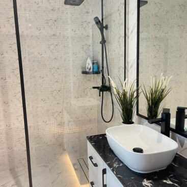 wash basin, shower, vanity